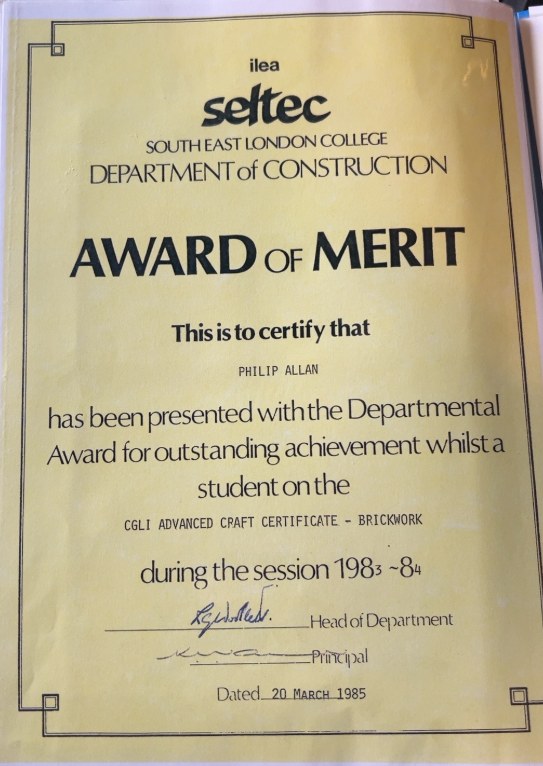 Seltec South East London College Department of Construction Award of Merit presented to Philip Allan for outstanding achievement on the CGLI Advanced Craft Certificate in Brickwork, session 1983 to 84, dated 20 March 1985