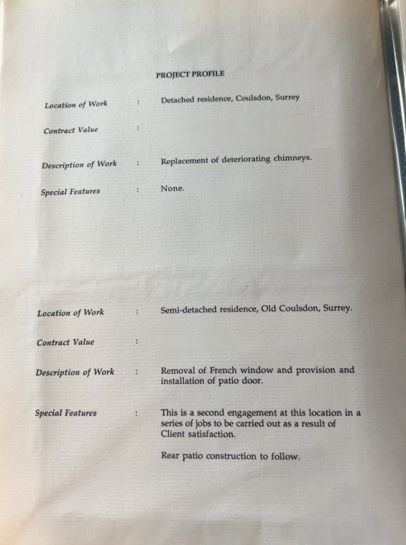Original typed Project Profile sheet recording the Coulsdon chimney replacement and the Old Coulsdon patio door installation