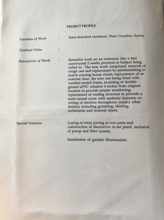 Original typed Project Profile sheet for the West Croydon extension remedial works