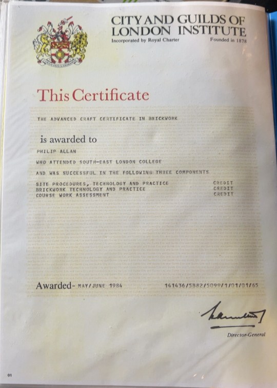 City and Guilds Advanced Craft Certificate in Brickwork awarded to Philip Allan, who attended South-East London College, May/June 1984