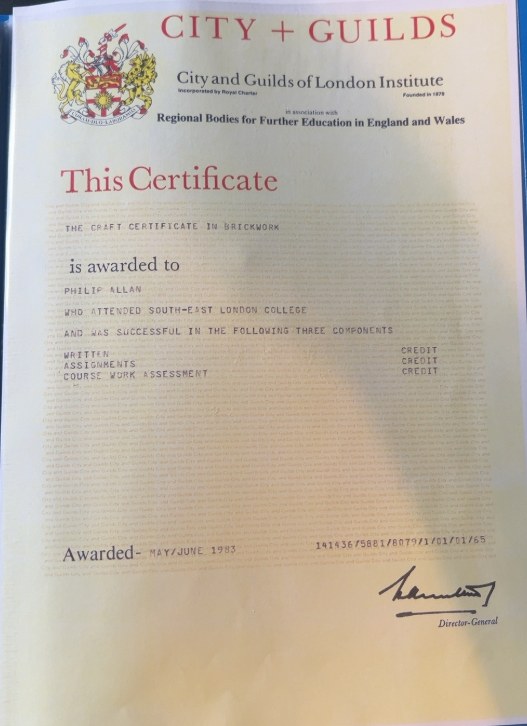 City and Guilds Craft Certificate in Brickwork awarded to Philip Allan, who attended South-East London College, May/June 1983