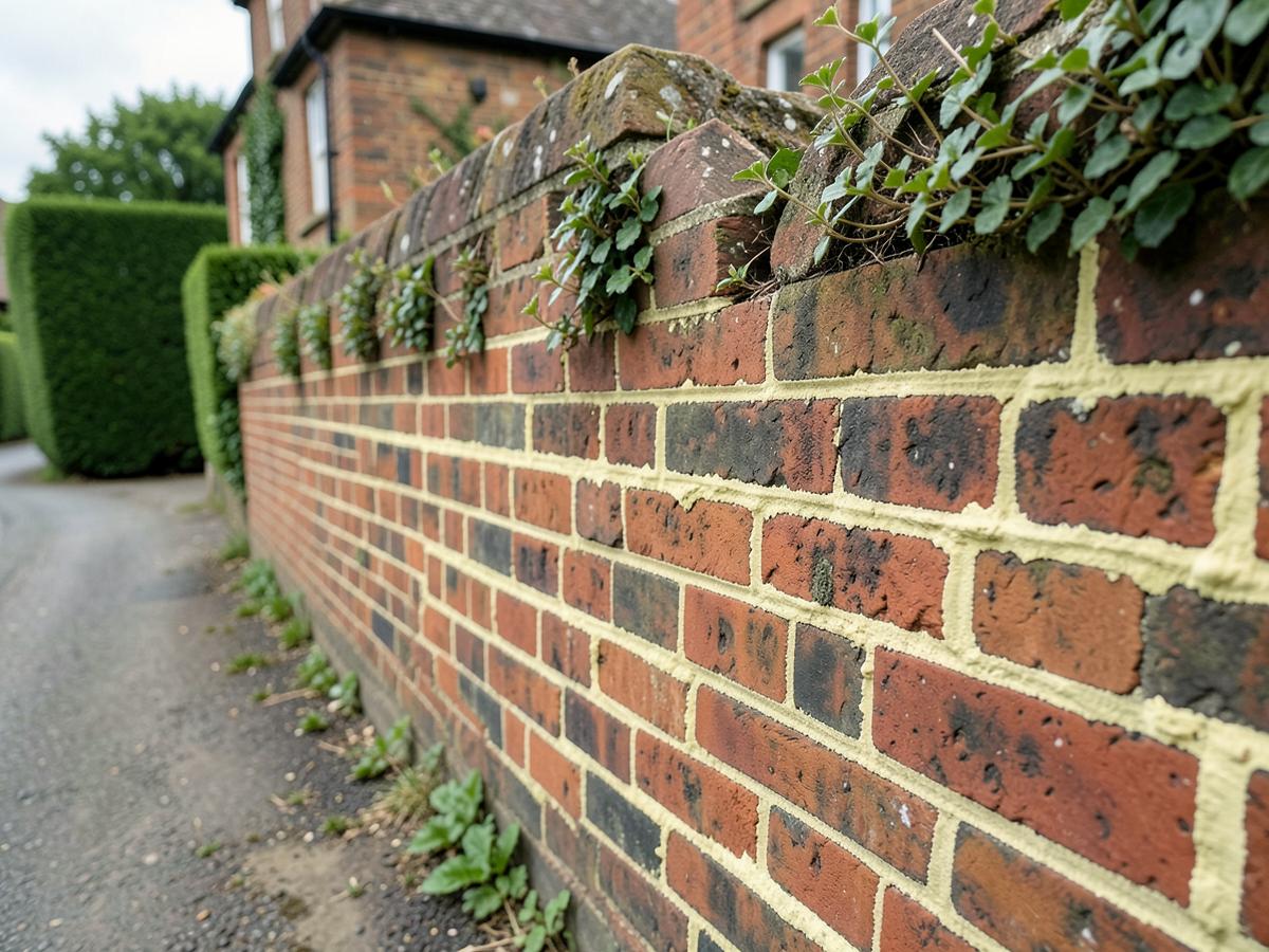 Repointed red brick garden wall along a Kent village lane