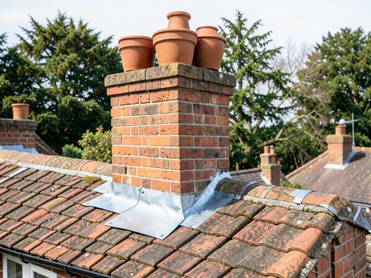 Rebuilt red brick chimney stack with new clay pots and lead flashing