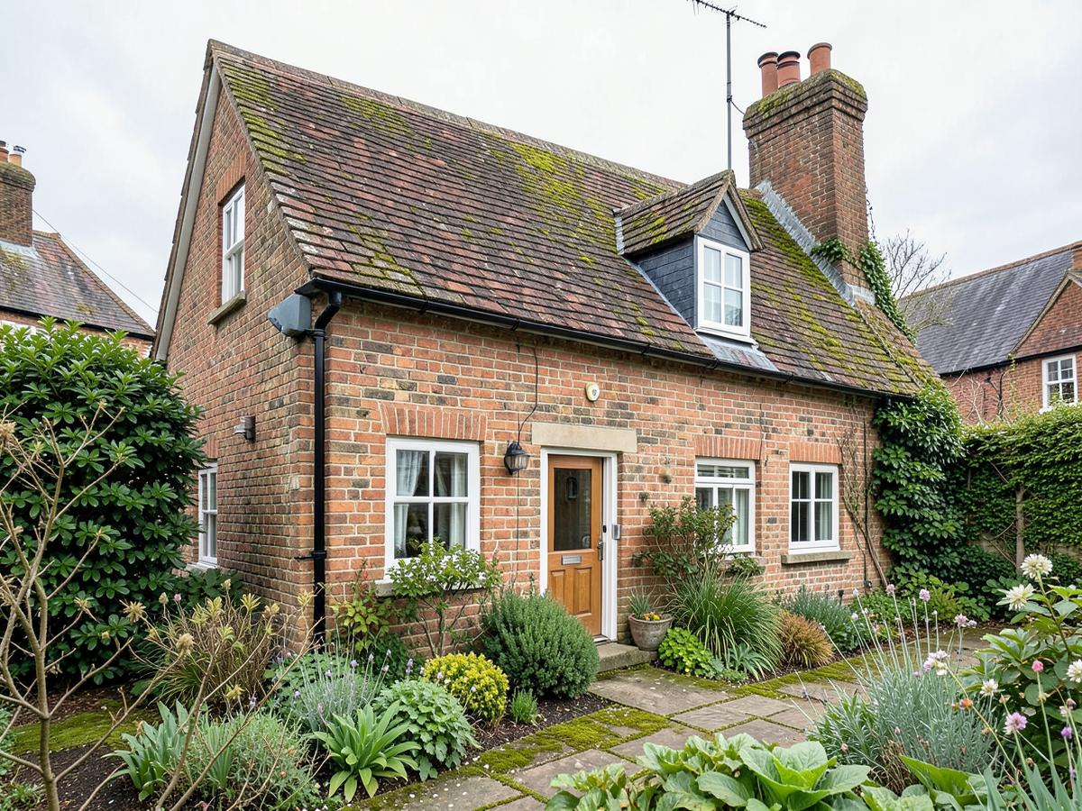 Weathered clay tile roof on a brick Kent cottage, repaired and still sound