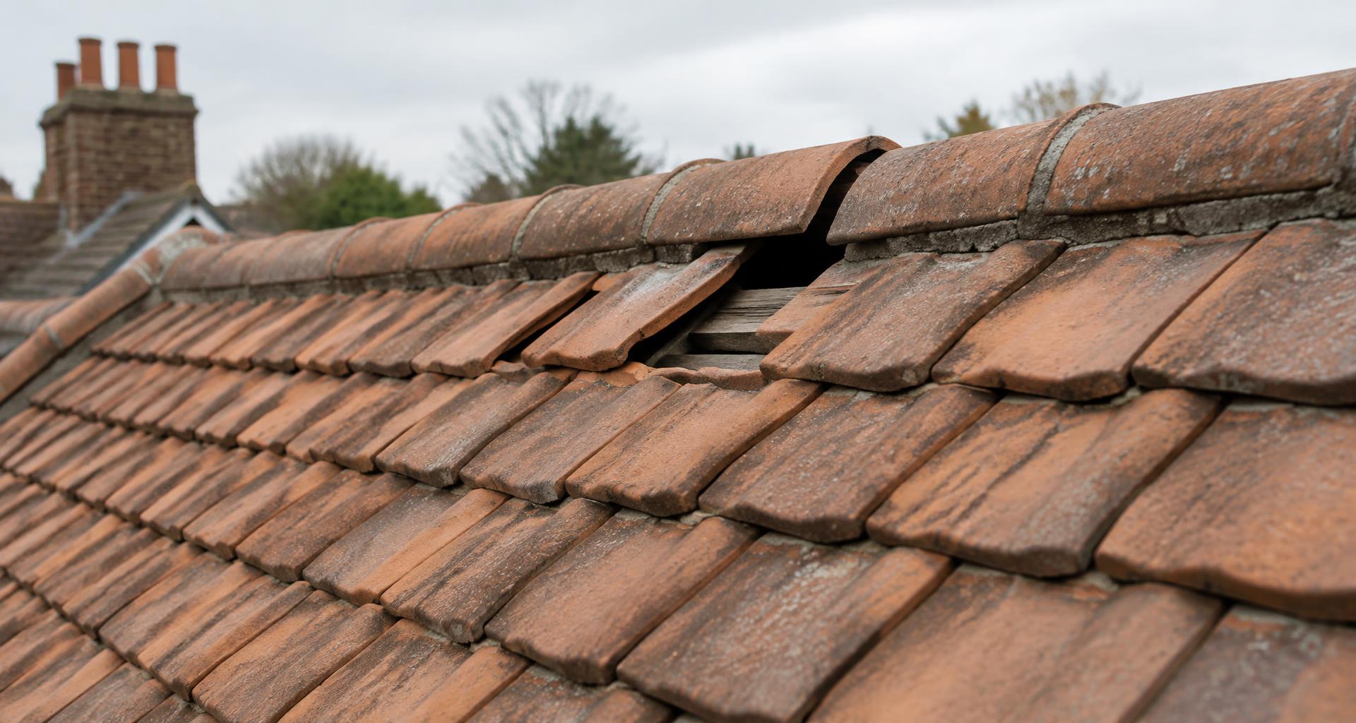 Ageing clay tiled roof with slipped and missing tiles, in need of repair