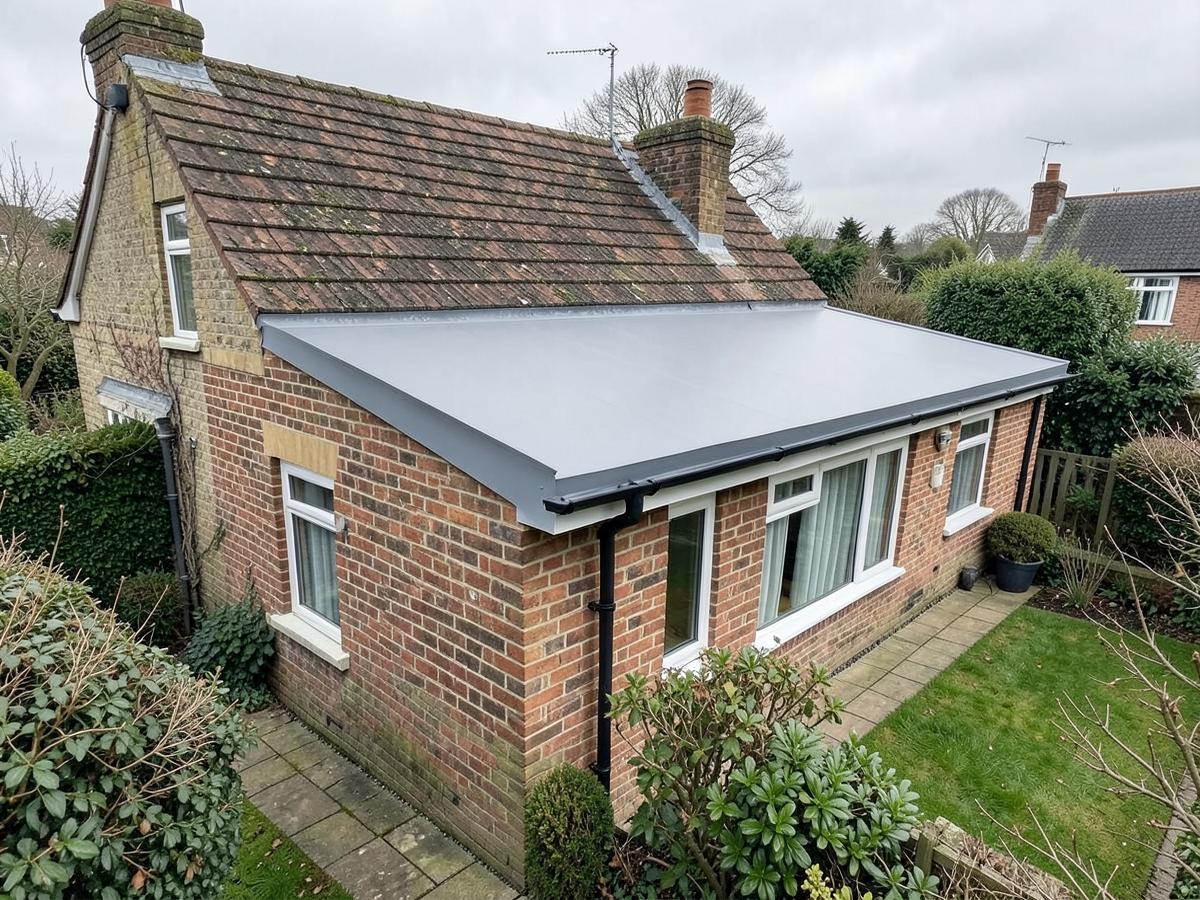 New grey GRP fibreglass flat roof on a single-storey rear extension of a brick house