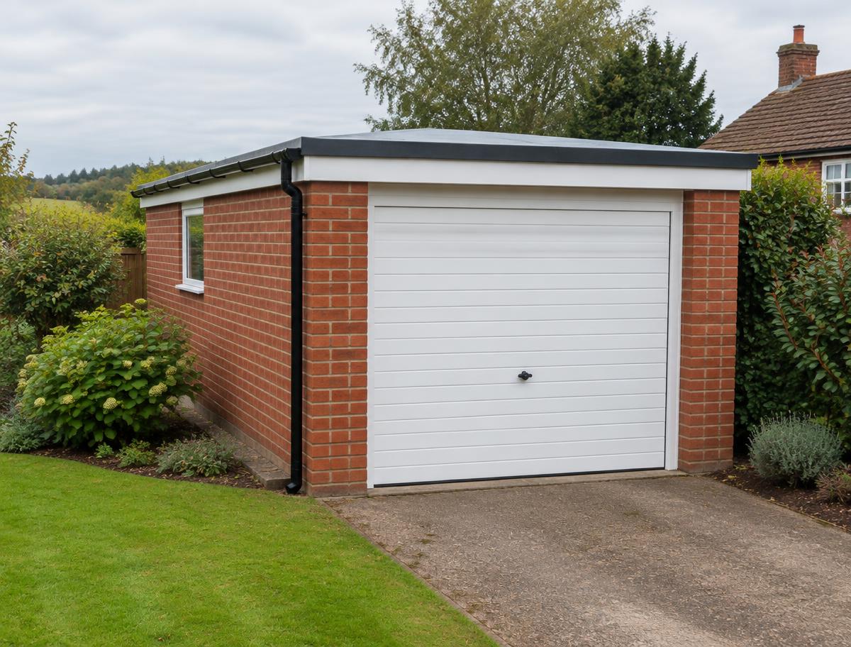 Detached brick car garage with a new grey flat roof and white up-and-over door