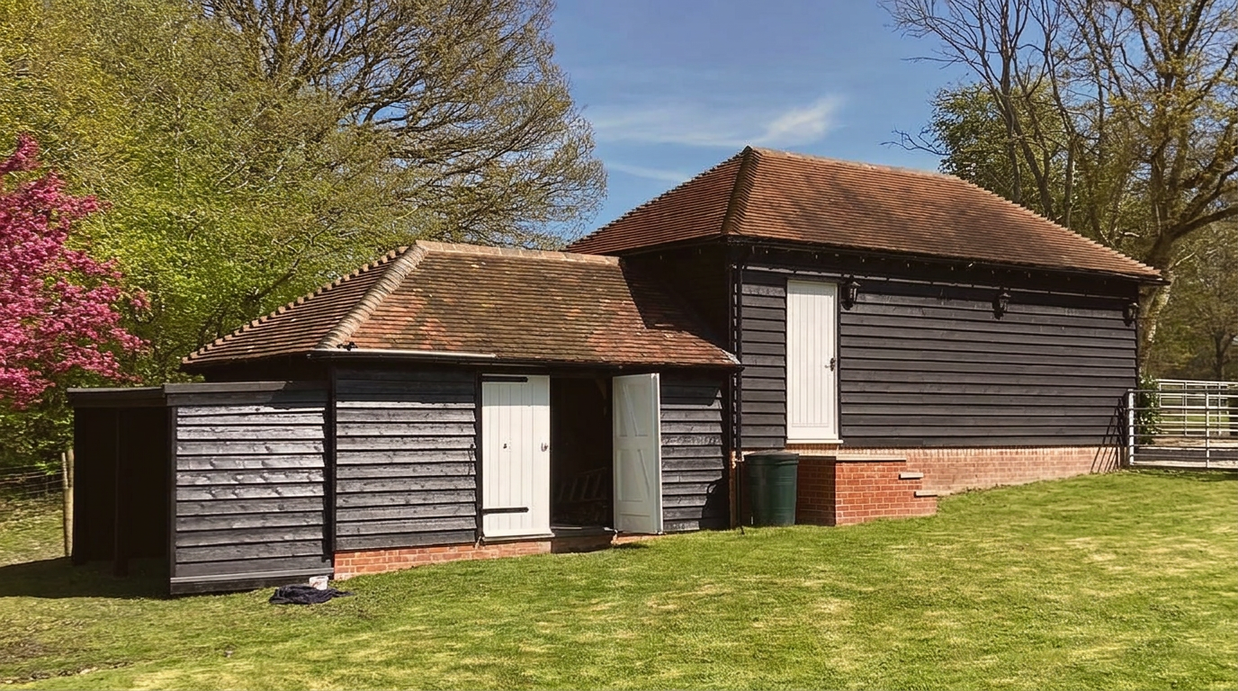 Black timber-clad outbuilding with a clay tiled roof, built from scratch in Rolvenden, Kent