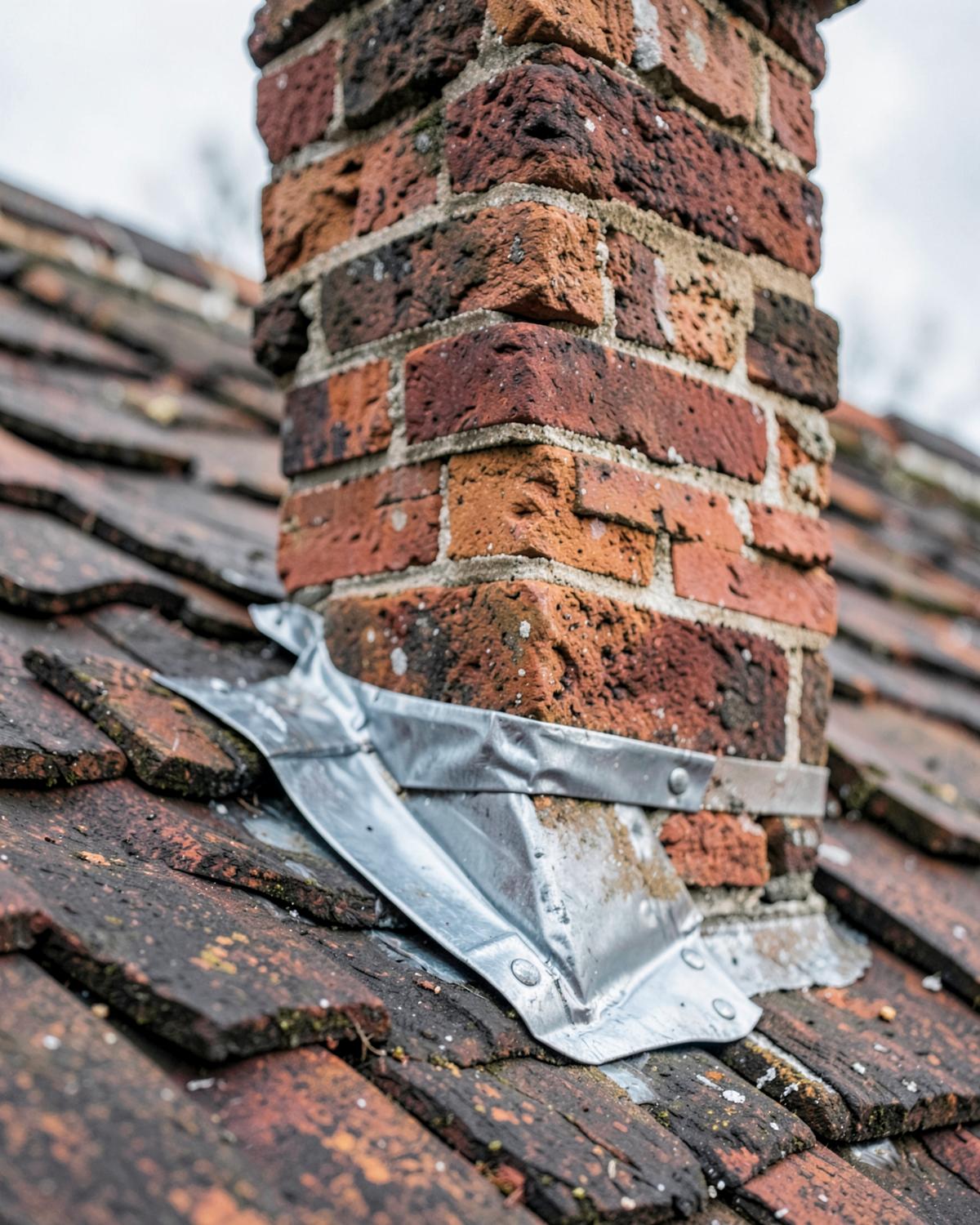Repaired brick chimney stack with new lead flashing on a Kent roof