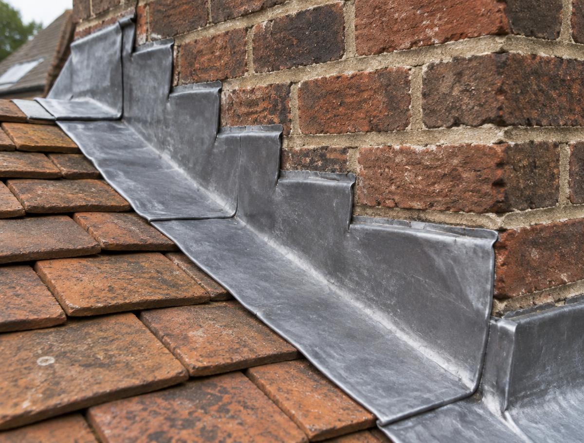 Stepped lead flashing and soakers hand-dressed against a brick abutment on clay tiles