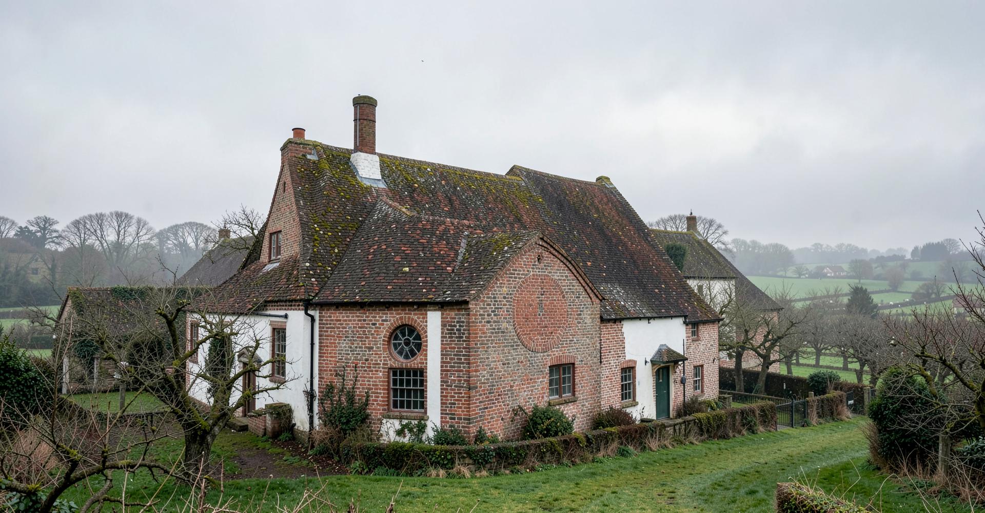 Kentish oast house with clay tile roofs in misty countryside