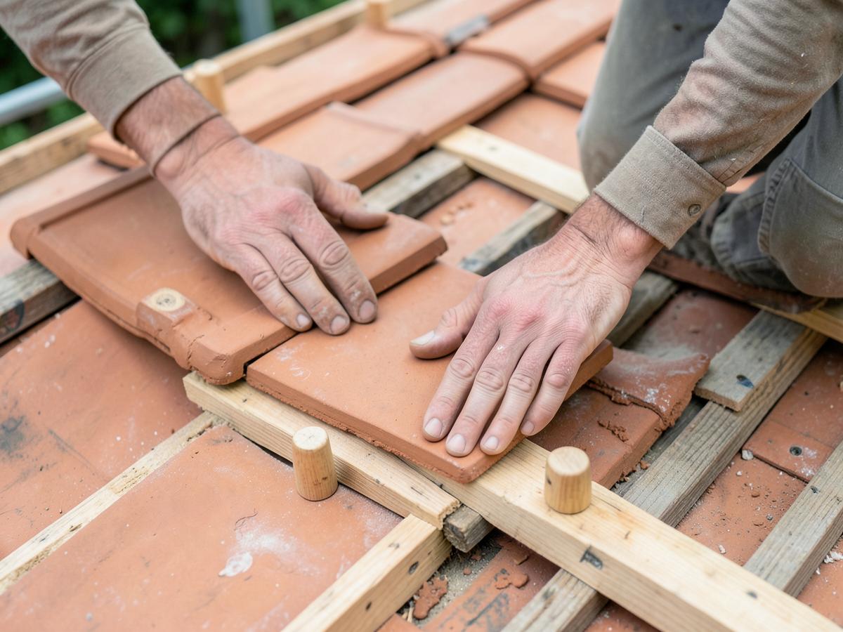 Roofer's hands laying hand-made clay Kent peg tiles on new battens
