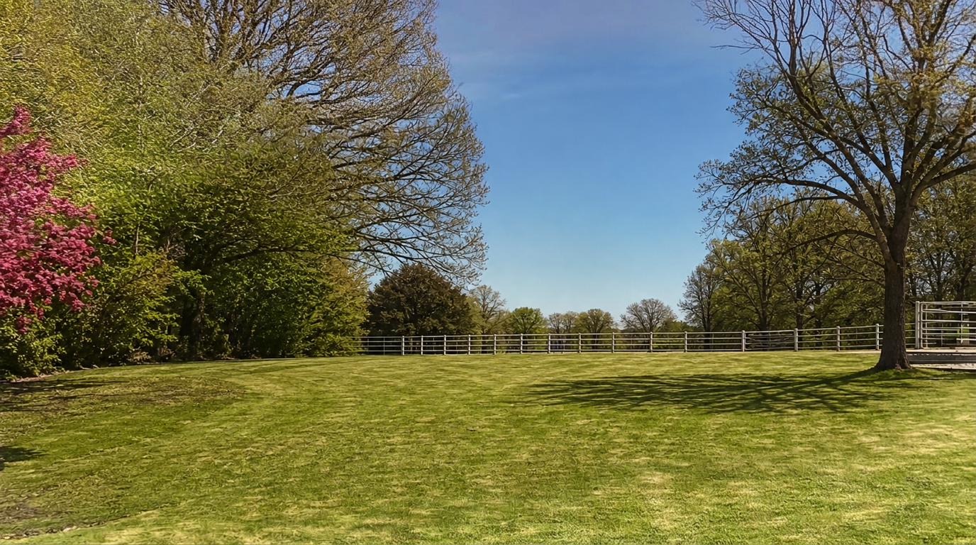 The same plot in Rolvenden before work began, open grass and trees, no buildings