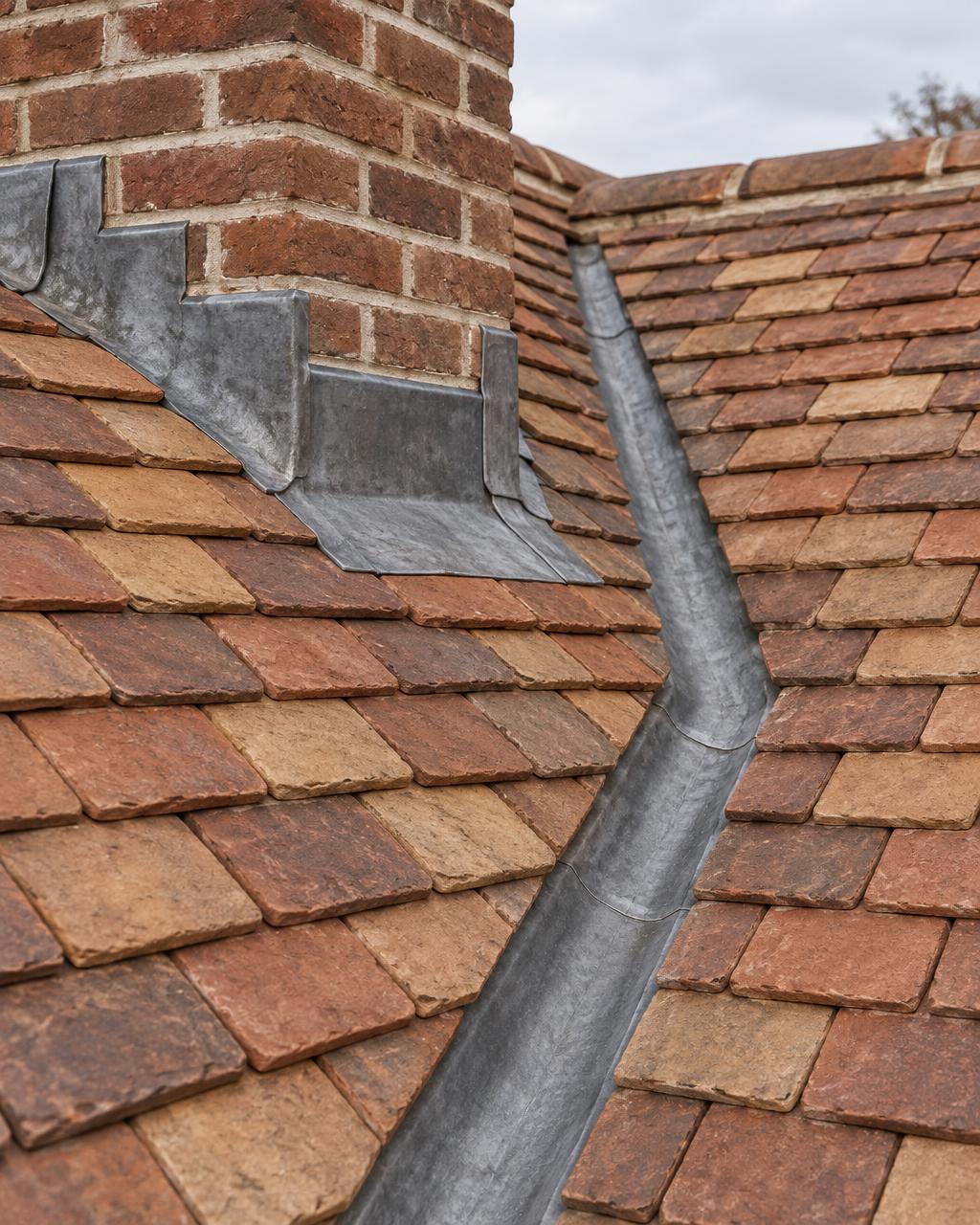 Present-day roofing work in Kent: handmade clay peg tiles laid in courses with a lead-lined valley and lead soakers dressed to a brick chimney