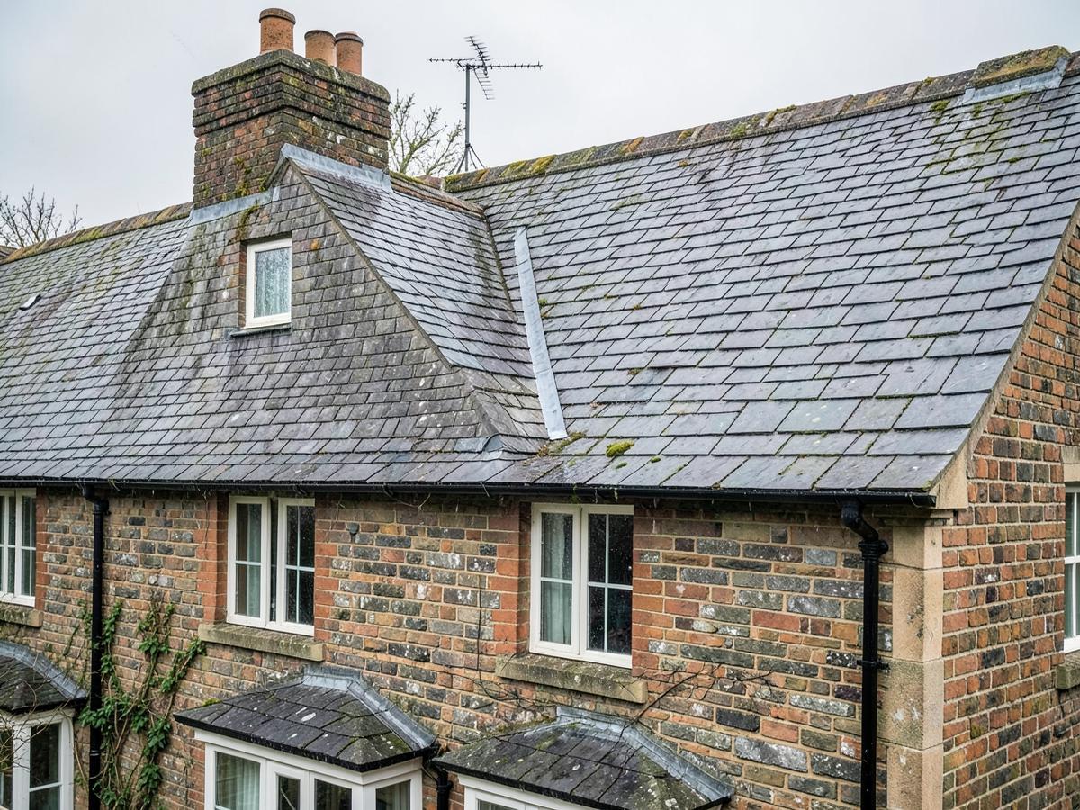Natural slate roof with lead valley on a Victorian cottage