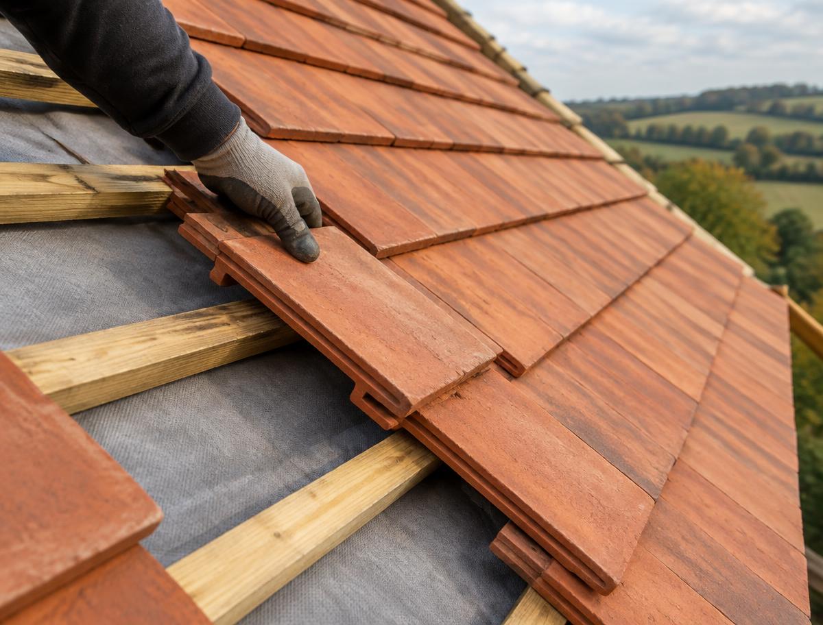 New handmade clay plain tiles being laid on timber battens on a pitched roof